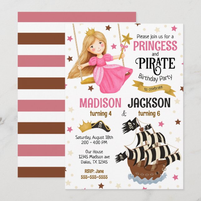 Princess and Pirate Siblings Joint Birthday  Invitation (Front/Back)
