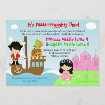 Princess And Pirate Twins Joint Birthday Party Invitation by InvitationBlvd at Zazzle