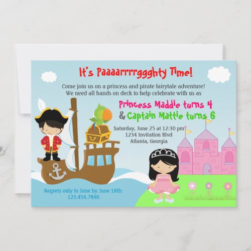 Princess and Pirate Twins Joint Birthday Party Invitation