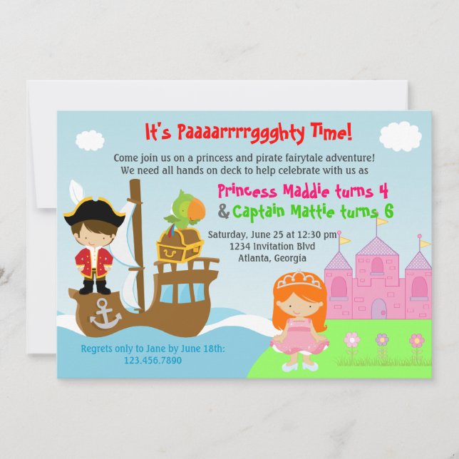 Princess and Pirate Twins Joint Birthday Party Invitation (Front)