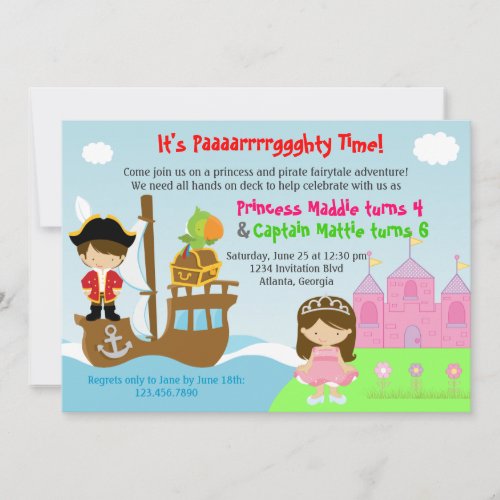 Princess and Pirate Twins Joint Birthday Party Invitation