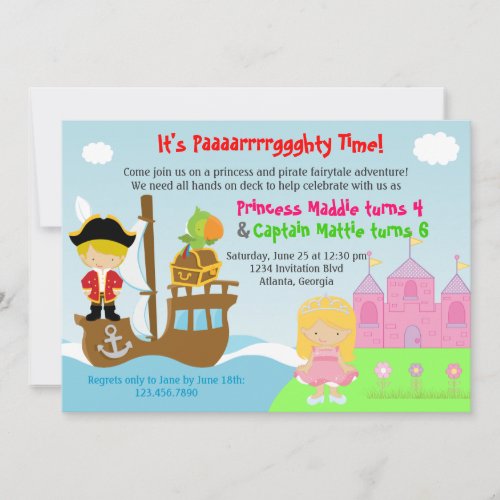 Princess and Pirate Twins Joint Birthday Party Invitation