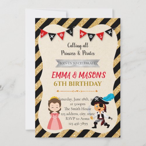 Princess and pirates birthday party invitation