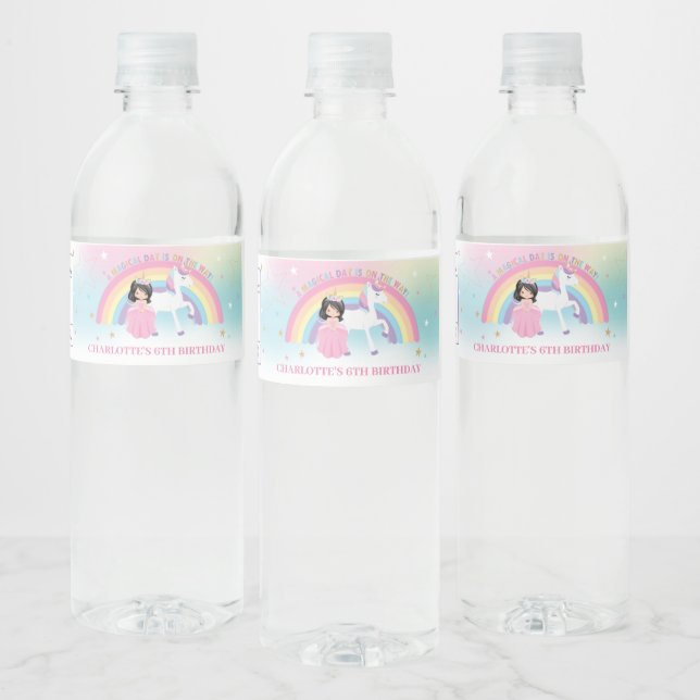 Princess and Rainbow Unicorn Birthday Party Favor Water Bottle Label (Bottles)