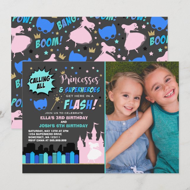Princess And Superhero Birthday Invitation (Front/Back)