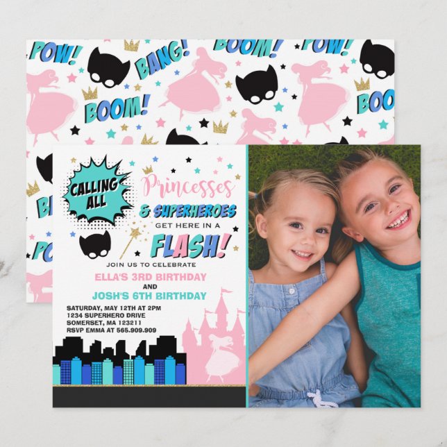 Princess And Superhero Birthday Invitation (Front/Back)