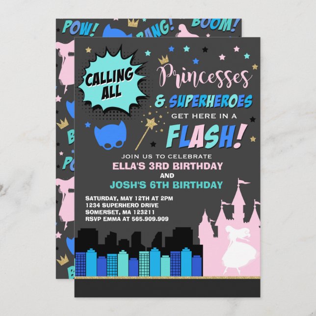 Princess And Superhero Birthday Invitation (Front/Back)