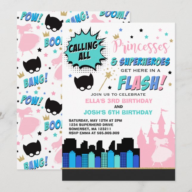 Princess And Superhero Birthday Invitation (Front/Back)