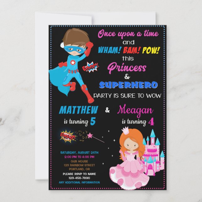 Princess and Superhero birthday invitation Joint (Front)