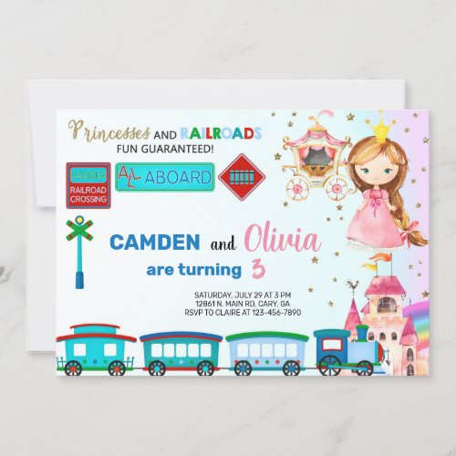 Princess and trains siblings birthday invitation invitation