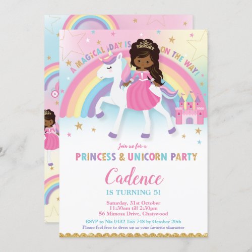 Princess and Unicorn Birthday African American Invitation