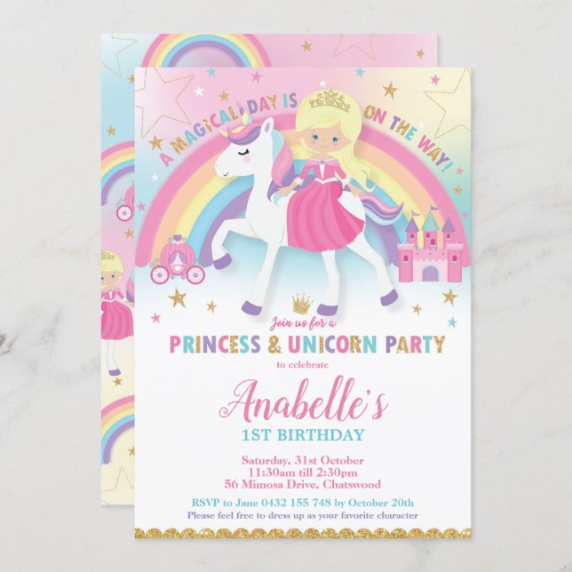 Princess and Unicorn Birthday Invitations Blond (Front/Back)