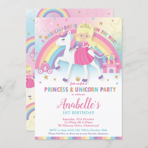 Princess and Unicorn Birthday Invitations Rainbow