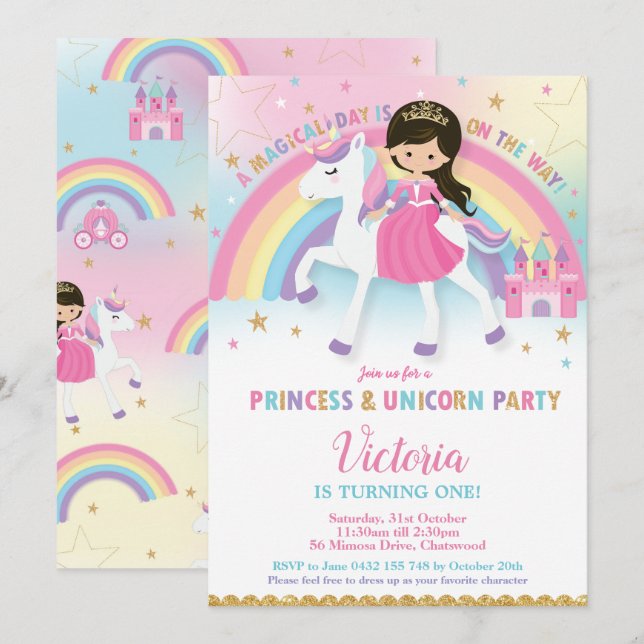 Princess and Unicorn Birthday Party Rainbow Castle Invitation (Front/Back)