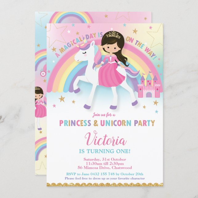 Princess and Unicorn Birthday Party Rainbow Castle Invitation (Front/Back)