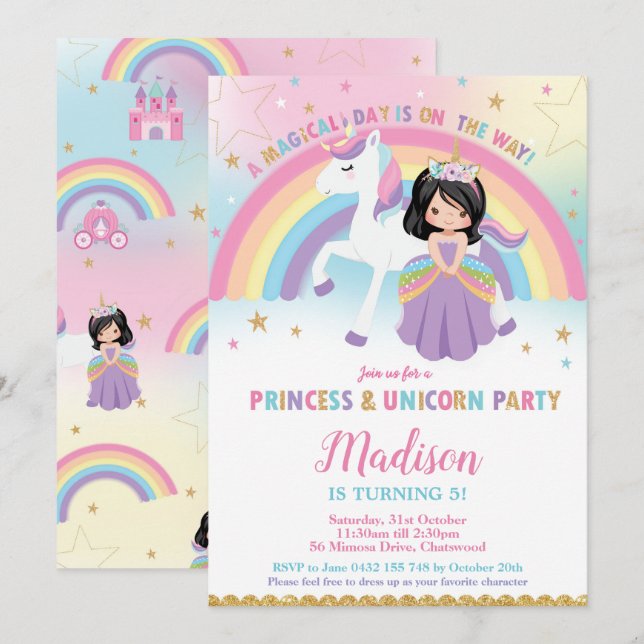 Princess and Unicorn Birthday Party Rainbow Invitation (Front/Back)