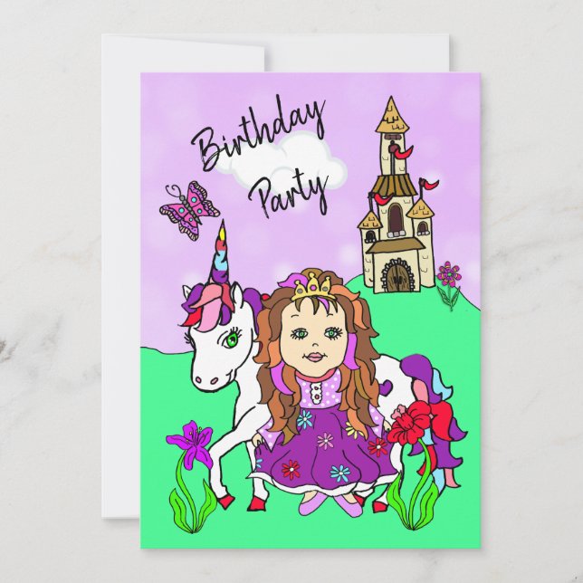 Princess and Unicorn Girl's Birthday Party Invitation (Front)