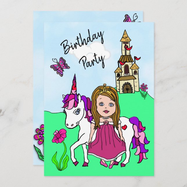 Princess and Unicorn Girl's Birthday Party Invitation (Front/Back)
