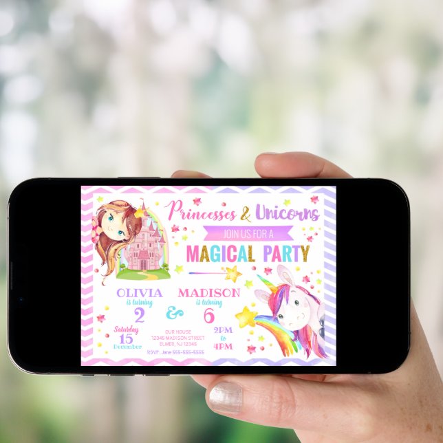 Princess and Unicorn Joint Birthday Invitation (Front Digital)