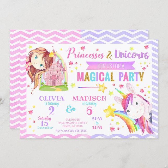 Princess and Unicorn Joint Birthday Invitation (Front/Back)