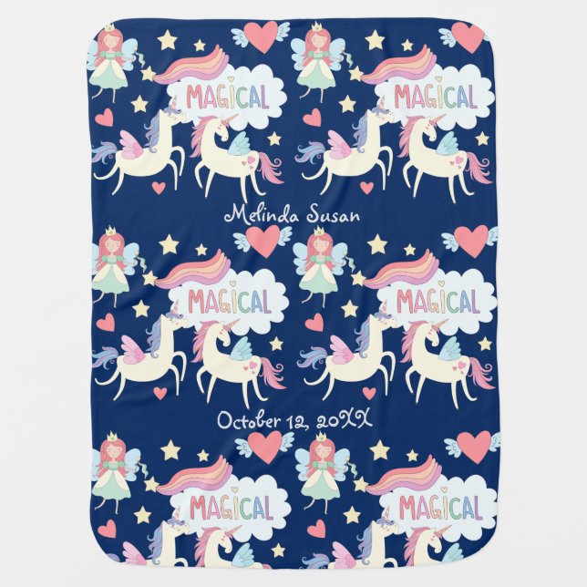 Princess and Unicorn Pattern Personalized Baby Blanket (Front)