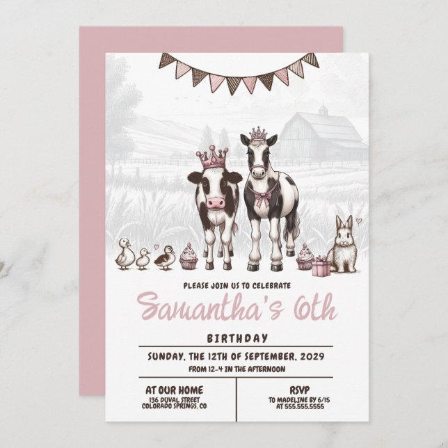 Princess Animals Birthday Party Invitation (Front/Back)