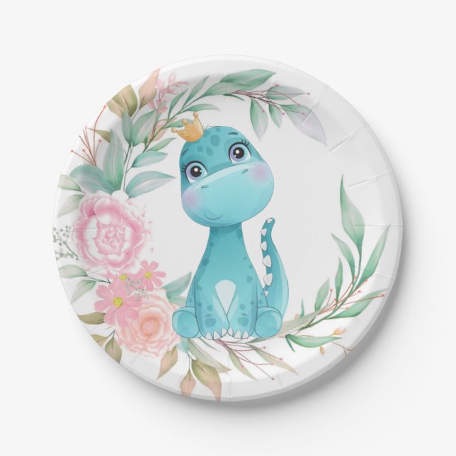 Princess  Aqua Dinosaur Pink Peony Baby Shower Paper Plates (Front)