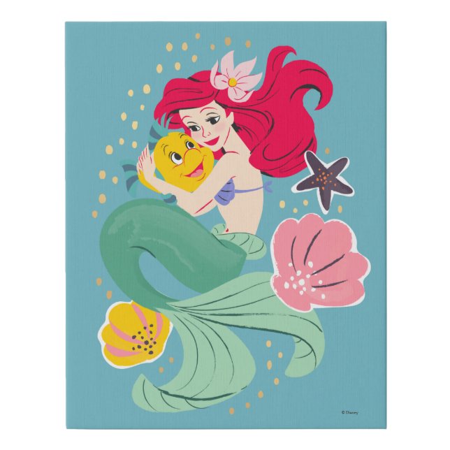 Princess Ariel Holding Flounder Illustration Faux Canvas Print (Front)