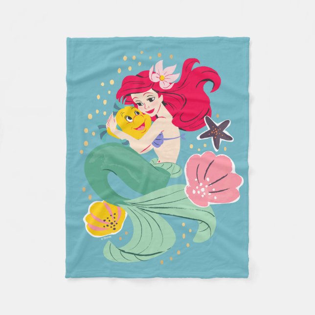 Princess Ariel Holding Flounder Illustration Fleece Blanket (Front)