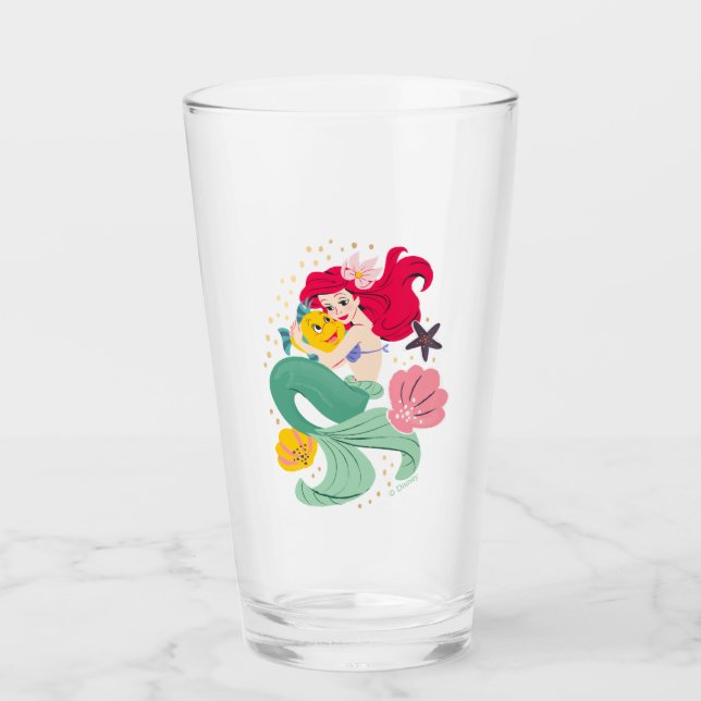 Princess Ariel Holding Flounder Illustration Glass (Front)