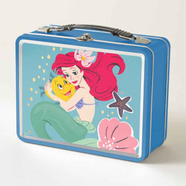 Princess Ariel Holding Flounder Illustration Metal Lunch Box (Front)