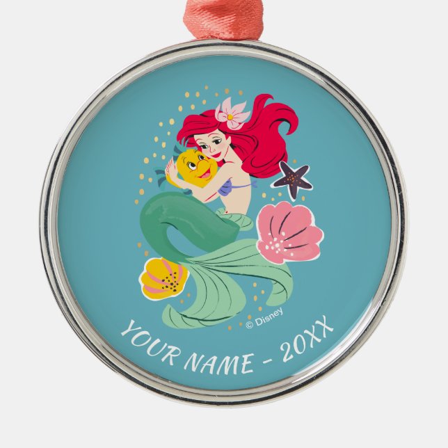 Princess Ariel Holding Flounder Illustration Metal Ornament (Front)