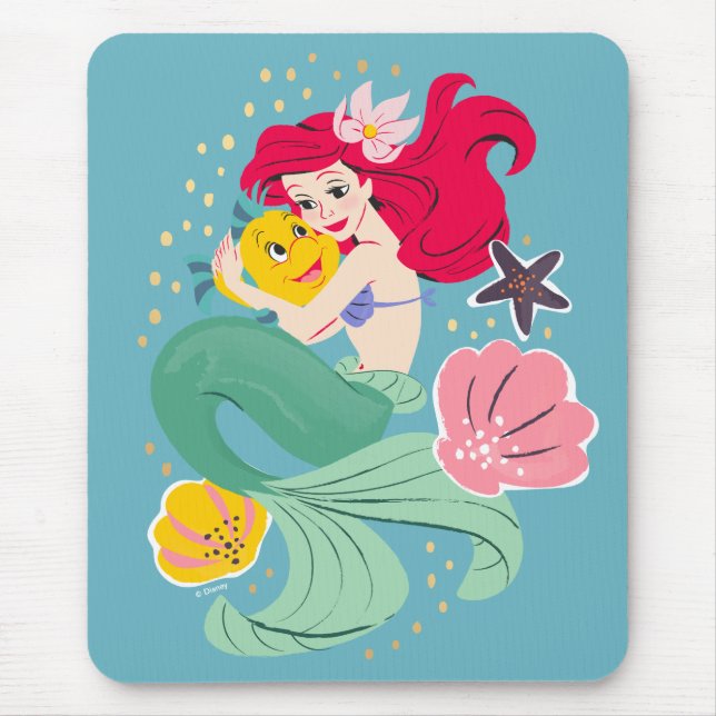 Princess Ariel Holding Flounder Illustration Mouse Pad (Front)
