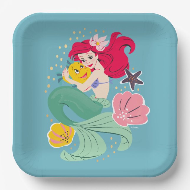 Princess Ariel Holding Flounder Illustration Paper Plates (Front)
