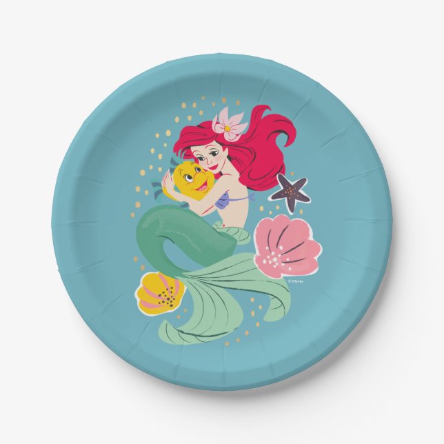 Princess Ariel Holding Flounder Illustration Paper Plates (Front)