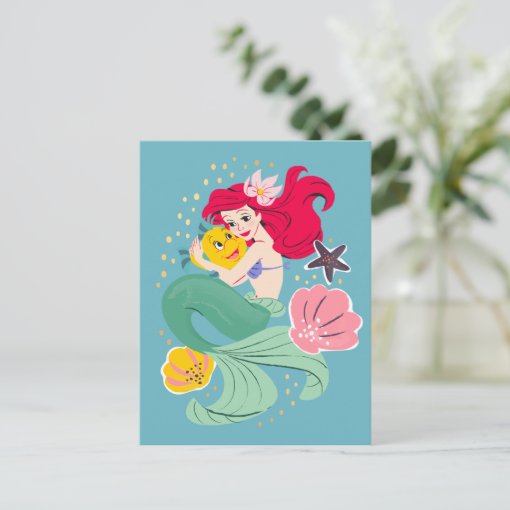 Princess Ariel Holding Flounder Illustration Postcard | Zazzle