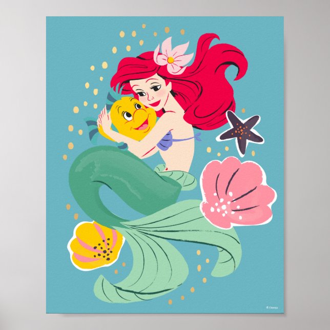 Princess Ariel Holding Flounder Illustration Poster (Front)