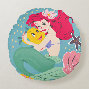 Princess Ariel Holding Flounder Illustration Round Pillow
