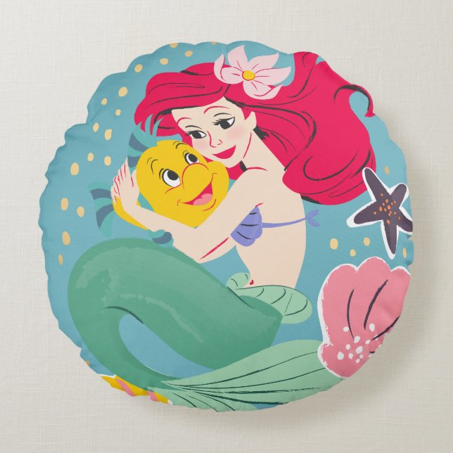 Princess Ariel Holding Flounder Illustration Round Pillow (Front)