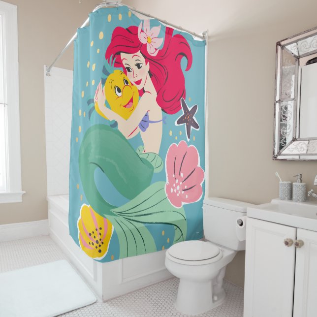 Princess Ariel Holding Flounder Illustration Shower Curtain (In Situ)