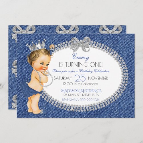 Princess Baby Girl Denim  Diamonds Bows Invitation