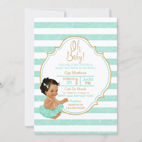 Princess Baby Girl Mint Tutu Stripes Gold Glitter Invitation