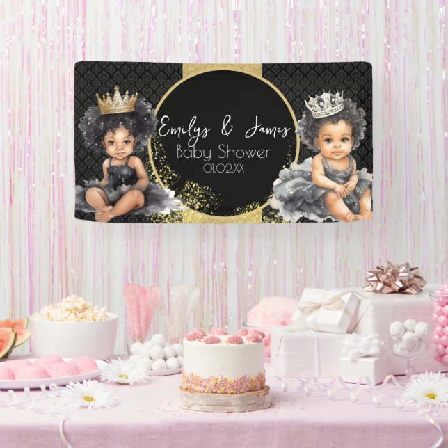 Princess Baby Gold Black Baby Twins Shower  Banner (Party)