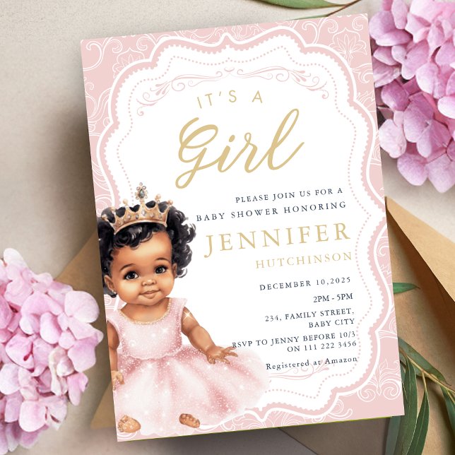 Princess Baby Shower African American Baby Girl  Invitation (Princess Baby Shower African American Baby Girl Invitation)