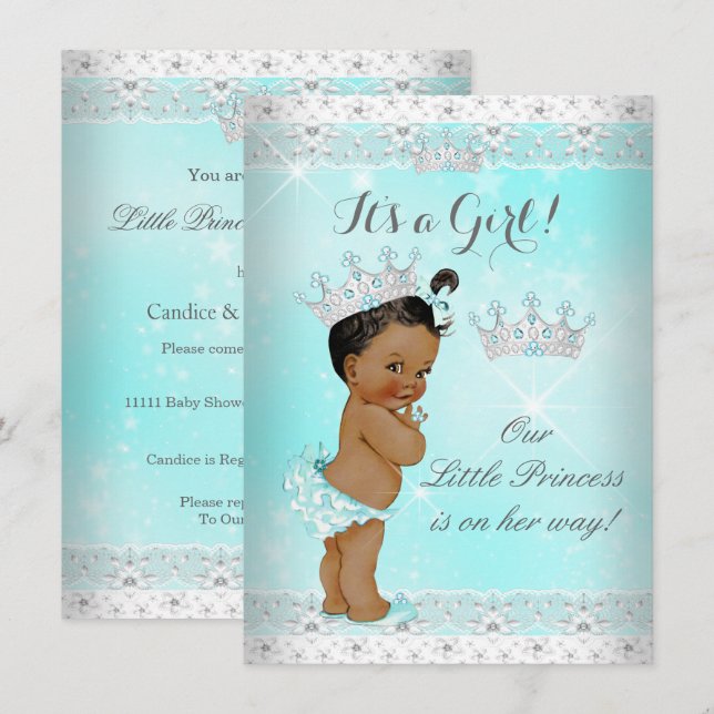 Princess Baby Shower Aqua Lace Tiara Ethnic Invitation (Front/Back)