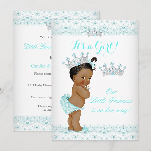 Princess Baby Shower Aqua White Tiara Ethnic Invitation (Front/Back)