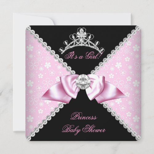 Princess Baby Shower Black Pink Floral Bow Diamond Invitation