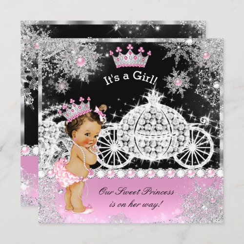 Princess Baby Shower Carriage Pink Black Brunette Invitation