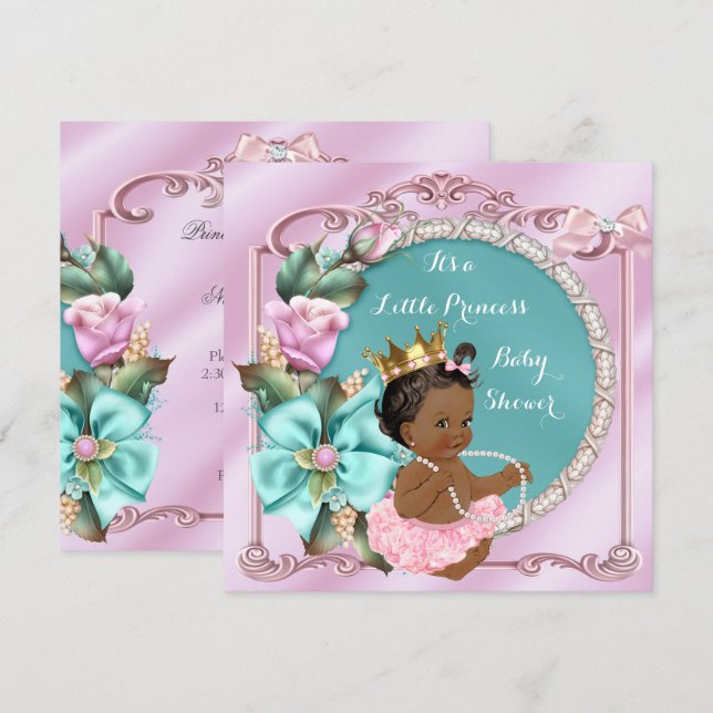 Princess Baby Shower Floral Teal Pink Ethnic Invitation (Front/Back)