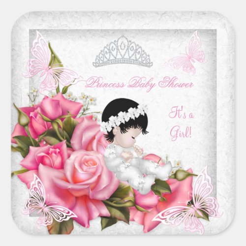 Princess Baby Shower Girl Butterfly Pink Rose 2 Square Sticker
